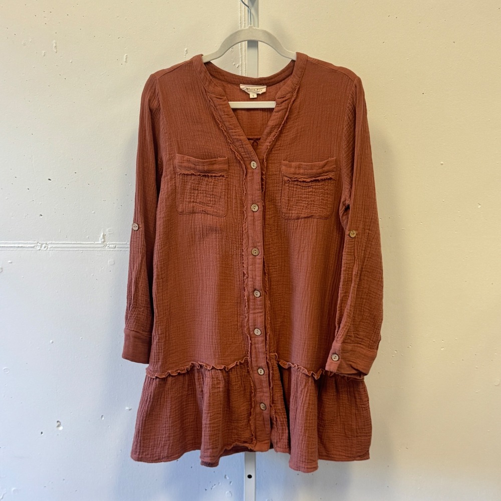 Vanilla Bay Rust Cotton Gauze Button Down Oversized Tunic Mini Dress Sm‎ Relaxed